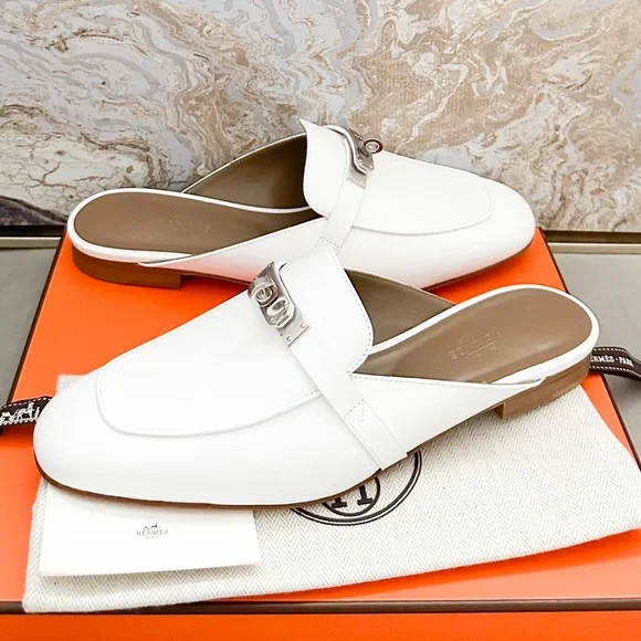 In Stores! New! Hermes Oz White Calfskin Leather Mule